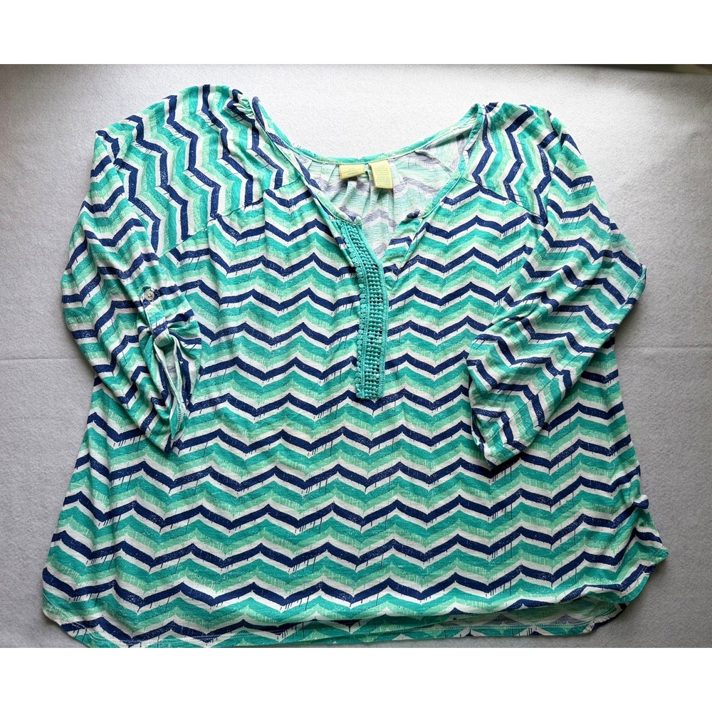 Caribbean Joe Woman 2X Top Teal Chevron Zig Zag Cotton Roll Tab Sleeve Blouse‎